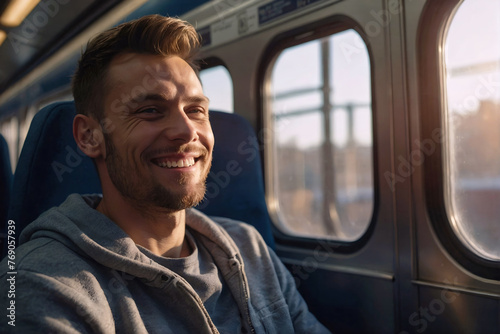 Man traveling by train, sitting in subway wagon by the window, smiling. Passenger in a public ecological transport. Environmental friendly, ecology protection. 