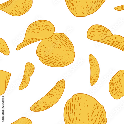 Potato chips vector seamless pattern. Flying and falling crispy potato chips. Vector illustration