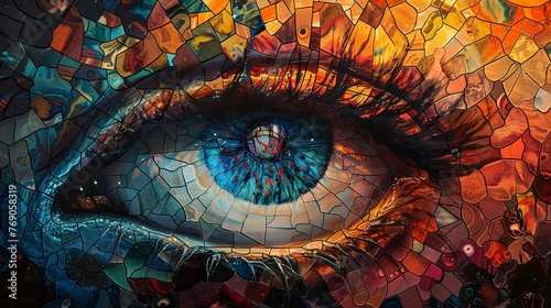 A close-up of a human eye portrayed in a colorful mosaic art style, depicting intricate patterns and vivid hues.