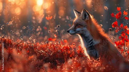 A fox is sitting in a field of red flowers © Classy designs
