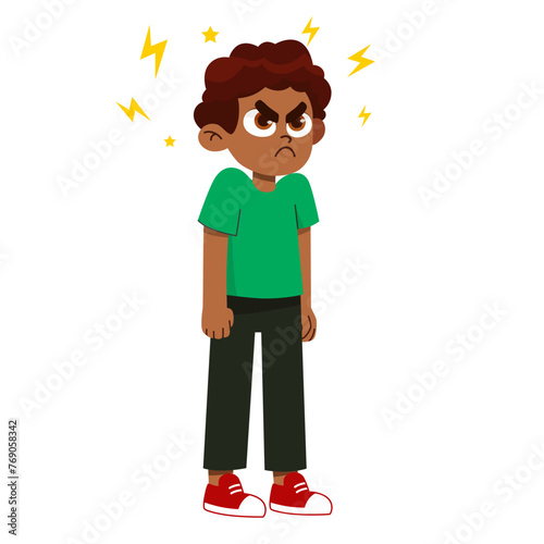 Vector illustration of a very angry boy standing in a pose, arms crossed, with a disgruntled look on them face. aggressive children
