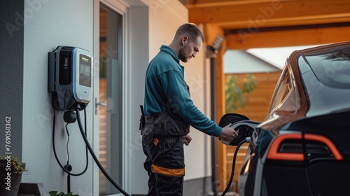 An electrician in work attire is busy setting up an electric vehicle charging station in a residential garage, contributing to sustainable living. AIG41