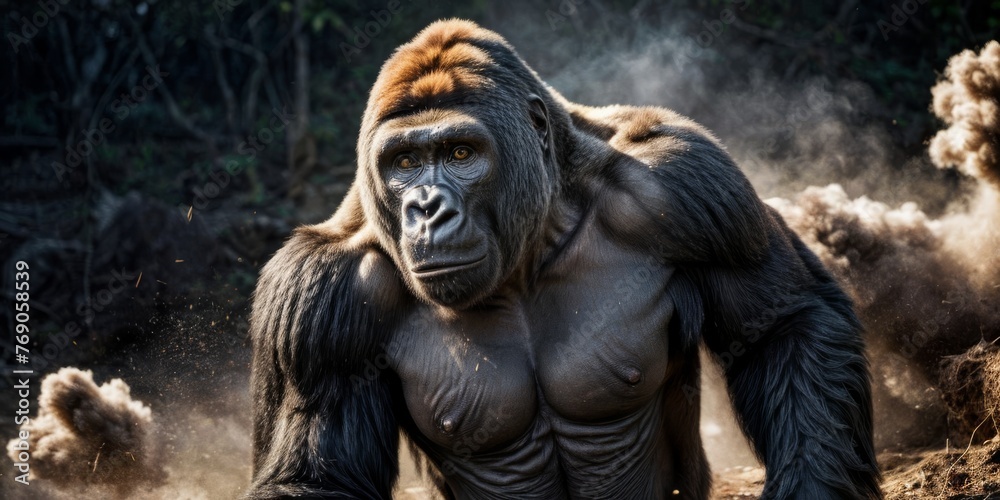   Close-up gorilla on dirt ground with smoke from back, trees in background