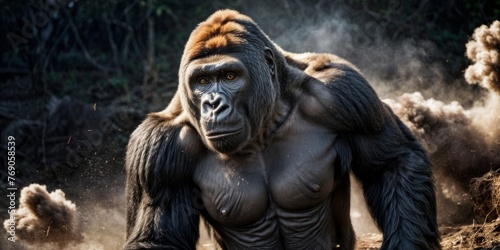   Close-up gorilla on dirt ground with smoke from back  trees in background