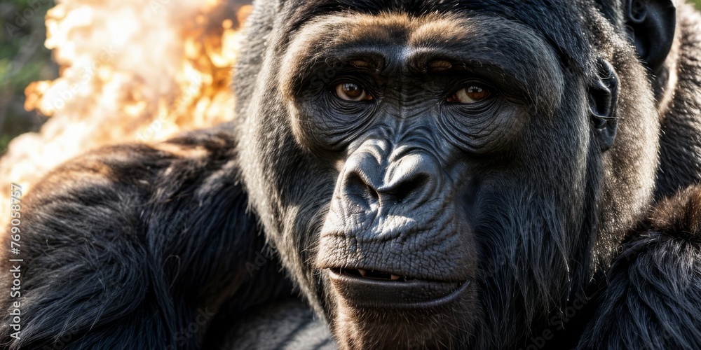 A gorilla with smoke coming from its mouth in a close-up A gorilla with smoke coming from its mouth in a close-up