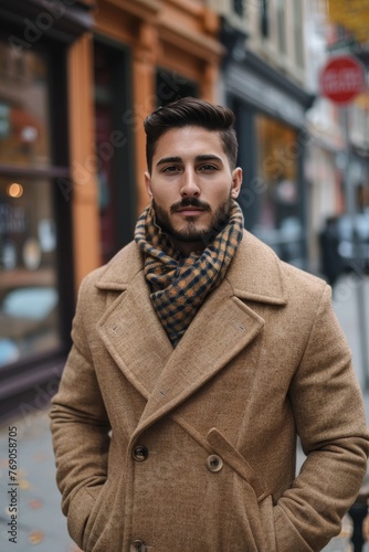 A chic man with stylish facial hair in a winter scarf and peacoat poses in the city © LifeMedia