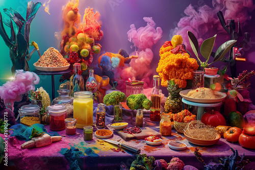 Culinary Delights Collage: Succulent dishes, colorful spices, and culinary tools create a vibrant kitchen scene, AI generated