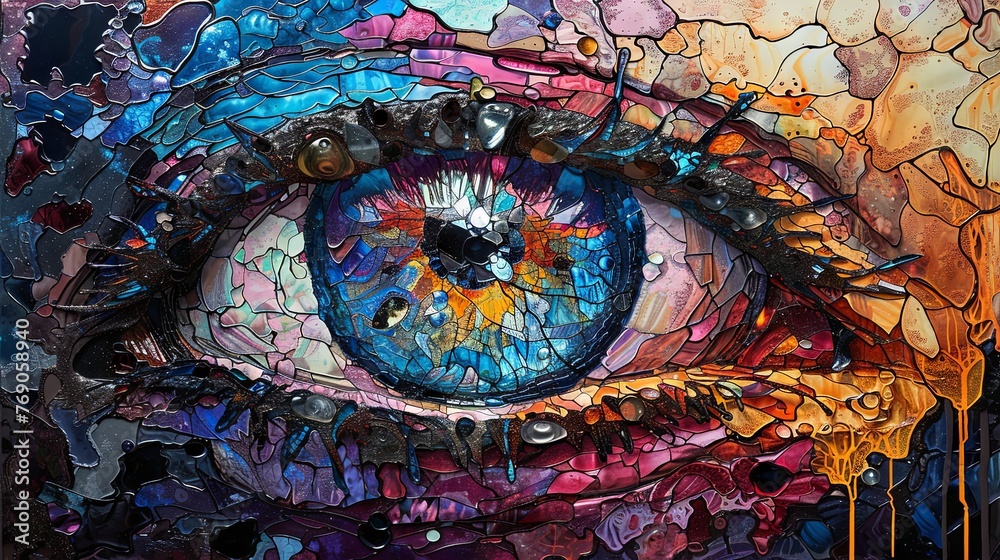 A close-up of a human eye portrayed in a colorful mosaic art style, depicting intricate patterns and vivid hues.