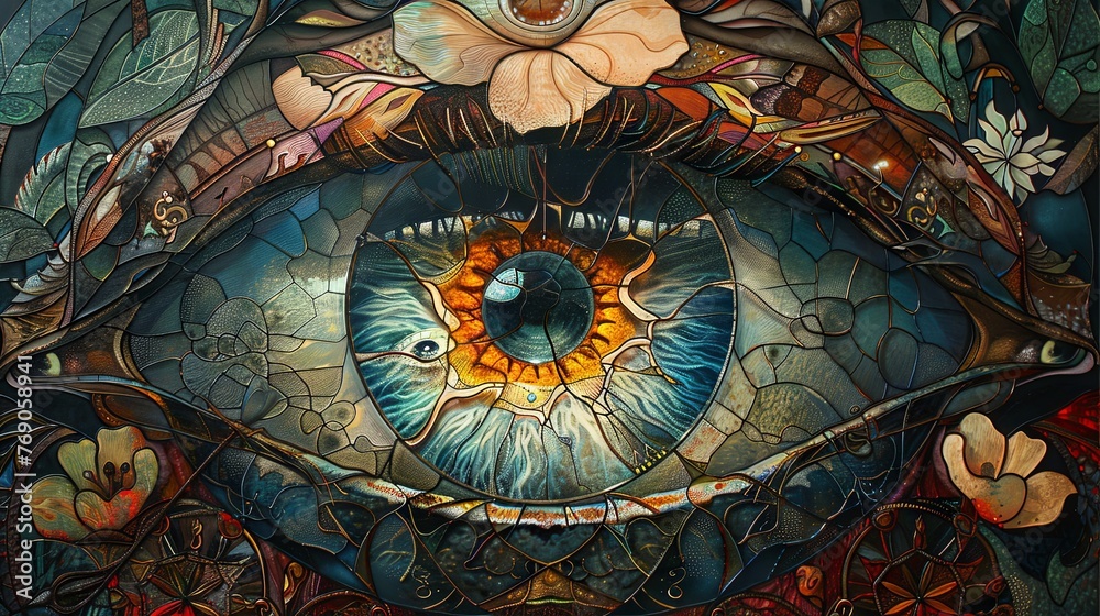 Obraz premium A close-up of a human eye portrayed in a colorful mosaic art style, depicting intricate patterns and vivid hues.