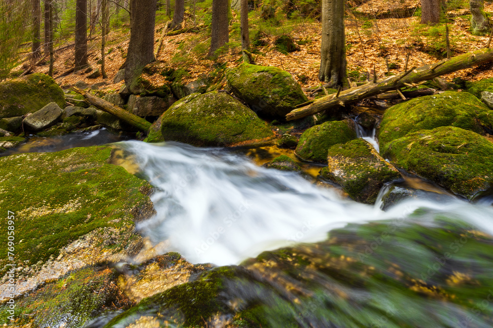 A beautiful view of a romantic stream in a wild mountain valley