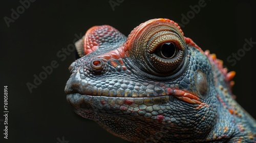 A close up of a lizard s face with red and black markings