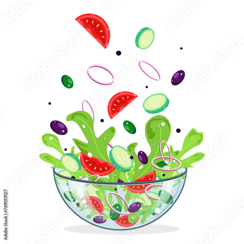 Salad. Green healthy vegetable salad. Glass bowl with falling fresh vegetables. Raw diet low calorie foods, vegan vegetarian concept. Natural products, organic food, recipes logo. Vector illustration 