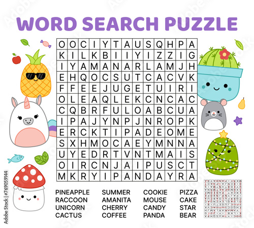 Funny squishmallow. Word search game puzzle for kids. Squishmallow. English words. Cartoon, kawaii
