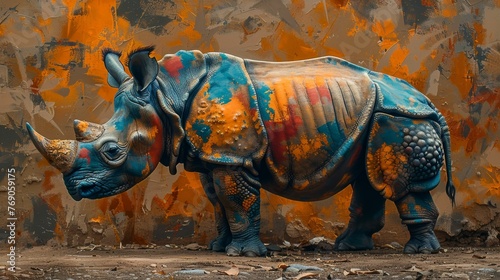 A rhino with a colorful coat stands in front of a wall © Classy designs