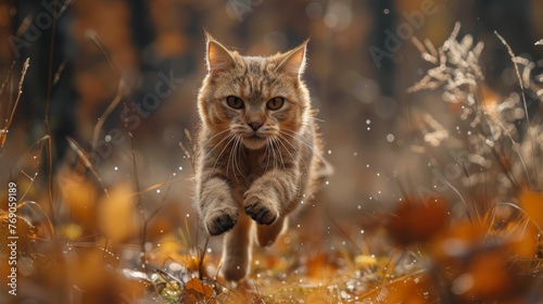 A cat is running through a field of autumn leaves