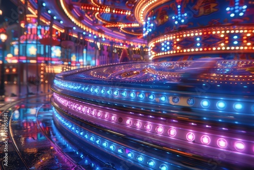 Long exposure of a brightly lit carousel in motion at an amusement park with vivid colors and reflections on the wet ground