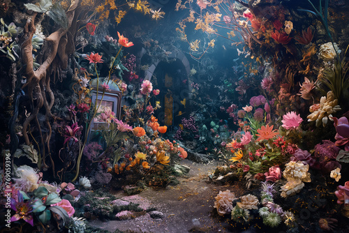Enchanted Garden Collage: oversized flowers, enchanted keys, and fairy-tale creatures coexist in harmony, AI generated