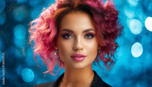 Beautiful beauty or fashion portrait of a woman with makeup with pink curly hair on a beautiful blue background