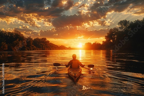 A serene image of a solo kayaker on a calm lake illuminated by the warm glow of a magnificent sunset reflecting in the water