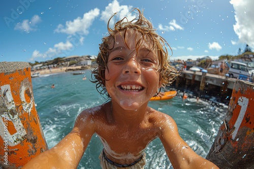 Happy young boy grinning widely underwater, surrounded by water splashes