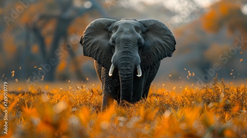 A large elephant is standing in a field of yellow grass