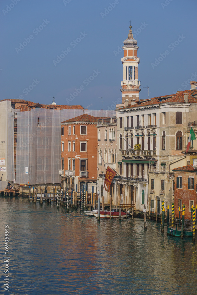 View from Rialto bridge over the Canal Grande at typical building facades on a sunny winter day, Venice, Veneto, Italy