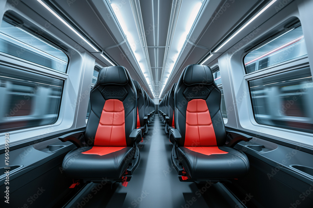 Obraz premium Comfortable modern seats inside business class cabin interior of high speed train AI Generative