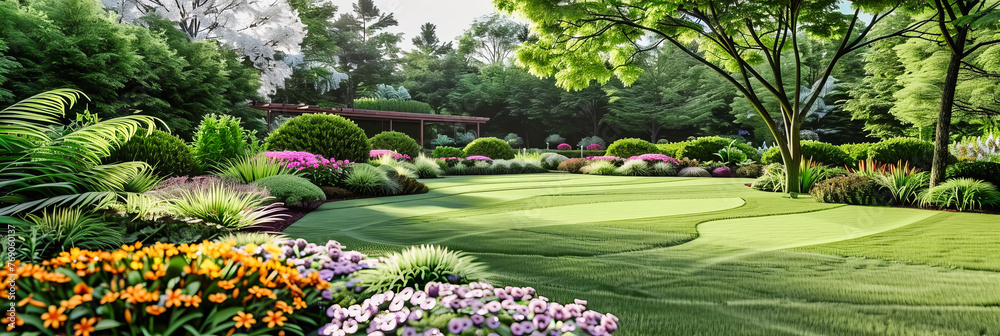 Lush Flowerbeds and Blooming Lawn in a Bright, Colorful Spring Park, Vibrant Floral Beauty in Nature’s Lap