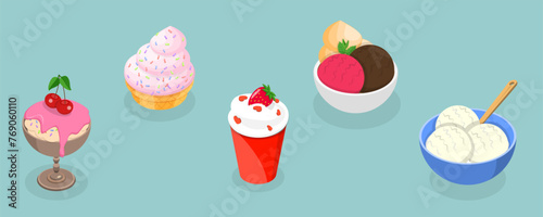 3D Isometric Flat Vector Set of Ice Creams, Collection of Cold Sweet Desserts