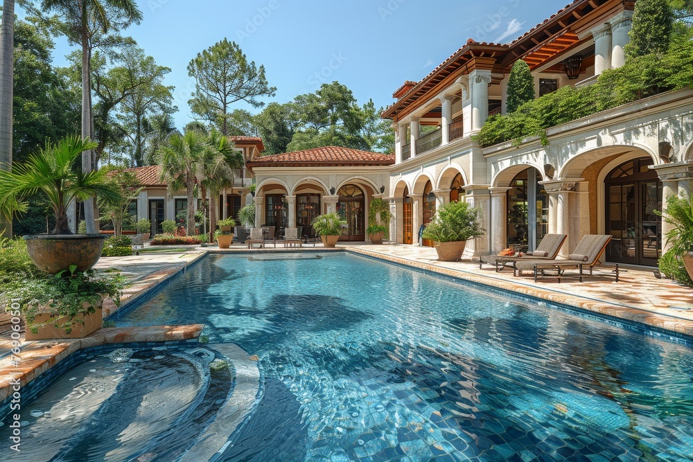 Fototapeta premium A sprawling Mediterranean villa surrounded by lush greenery and featuring a beautiful blue-tiled pool