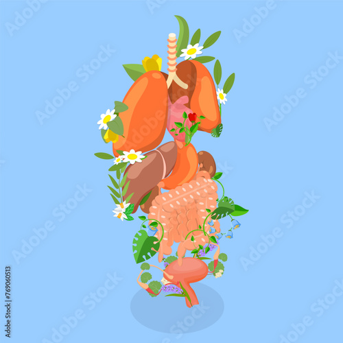 3D Isometric Flat Vector Illustration of Human Anatomy, Internal Organs Among Gardent Flowers and Plants