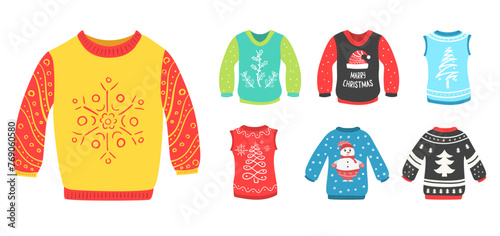 Cute set of Christmas sweater isolated on a white background. Ugly Christmas sweaters seamless vector border. Knitted winter jumpers with winter ornaments and decorations. Holiday design. 