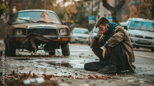 Man Phoning For Help with a broken down car photo