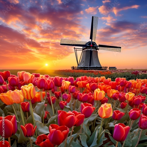 Close up photo of tulips and windmill at background 