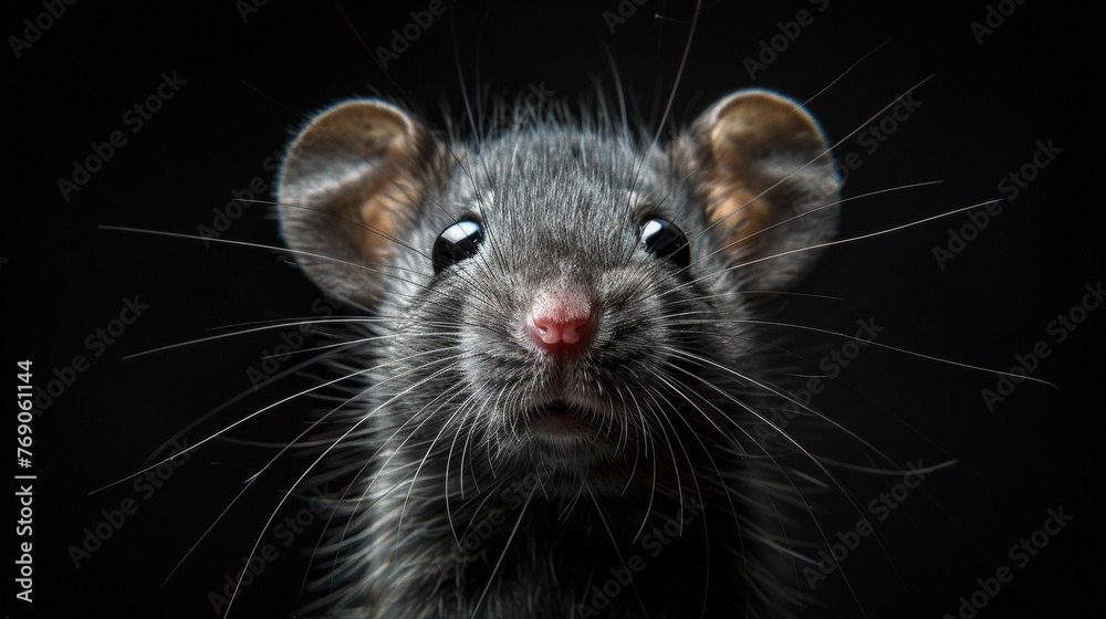 A black and white photo of a mouse with its eyes open and looking at the camera