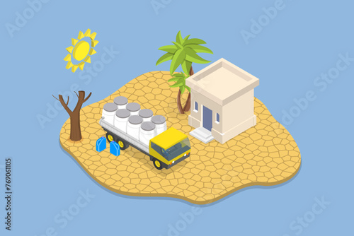 3D Isometric Flat Vector Illustration of Global Earth Climate Problem, Car With Water Aid