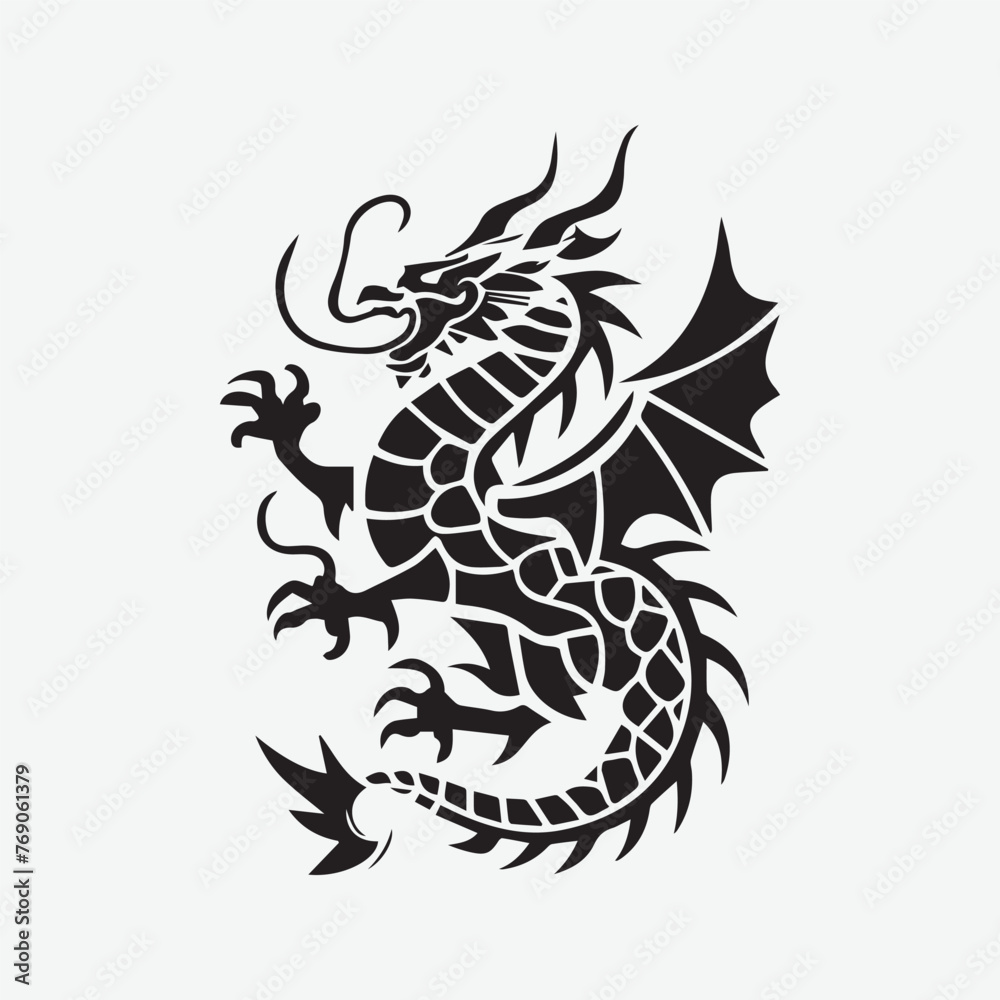 Traditional Chinese Dragon black silhouette icon isolated on a white ...
