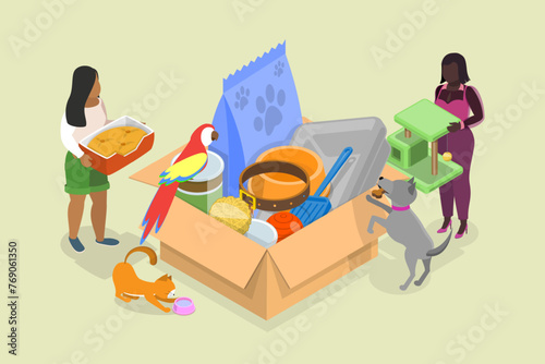 3D Isometric Flat Vector Illustration of Donation For Pets, Volunteering and Assistance to Animals