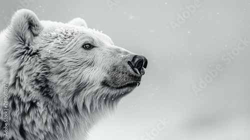 A polar bear is standing in the snow with its head tilted to the side