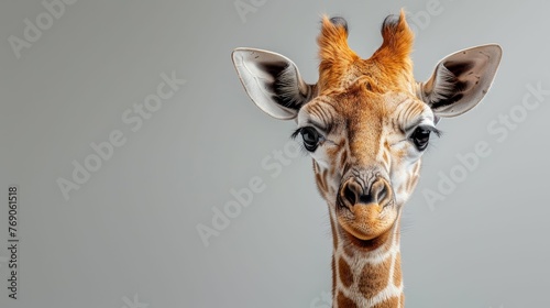 A giraffe is looking at the camera with its eyes closed