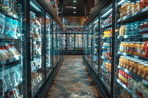 Modern supermarket aisle with a variety of refrigerated products stocked neatly on shelves lined the walls photo