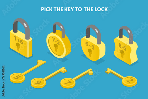 3D Isometric Flat Vector Illustration of Pick The Key To The Lock, Matching Children Educational Game
