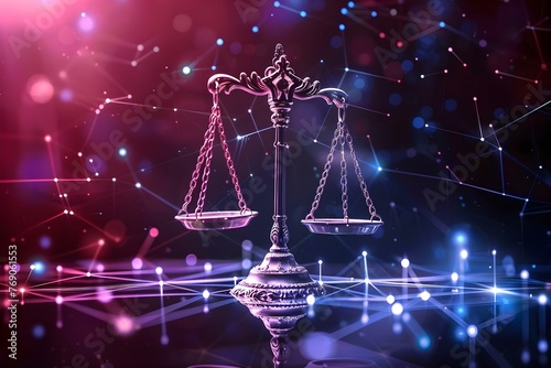 Digital Scales of Justice in a futuristic network background symbolizing fairness and equality in ethics. Concept Ethics, Justice, Fairness, Futuristic Network, Digital Scales