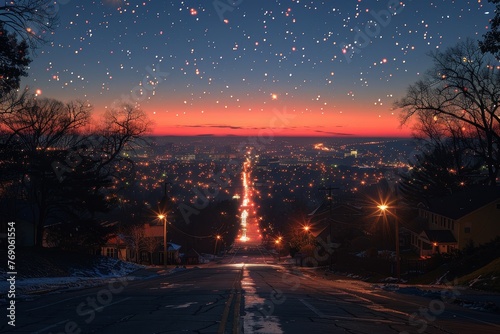 The starry sky mingles with the illumination of a city at dusk  seen from a high vantage point on a descending road