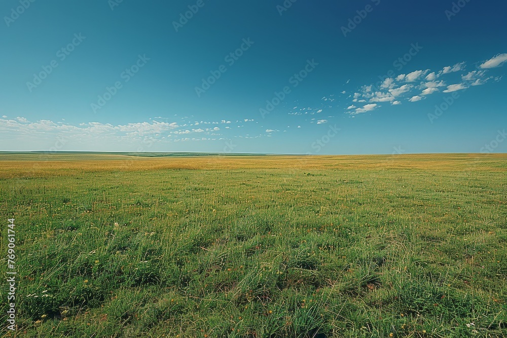 Obraz premium Endless green fields meeting the horizon under a vast, clear sky, evoking feelings of growth, potential, and the beauty of simplicity