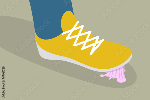 3D Isometric Flat Vector Illustration of Chewing Gum Stuck to a Shoe, Dirty Street