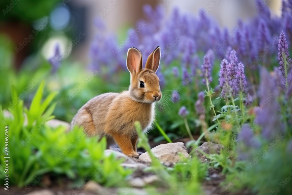 Pretty rabbit walking outdoors in the spring garden with flowers Pretty rabbit walking outdoors in the spring garden with flowers