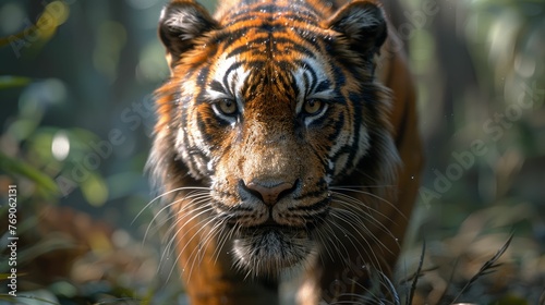 A tiger is walking through the forest