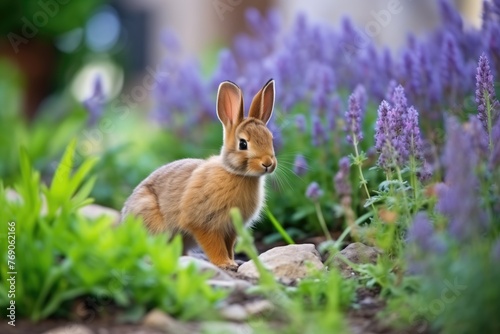 Pretty rabbit walking outdoors in the spring garden with flowers © Ivanna