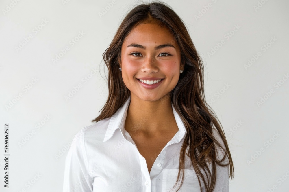 A woman with long brown hair and a white shirt is smiling A woman with long brown hair and a white shirt is smiling